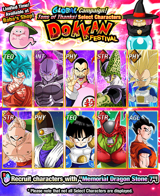Banner for Global Campaign! Tons of Thanks!
Select Characters Dokkan Festival!